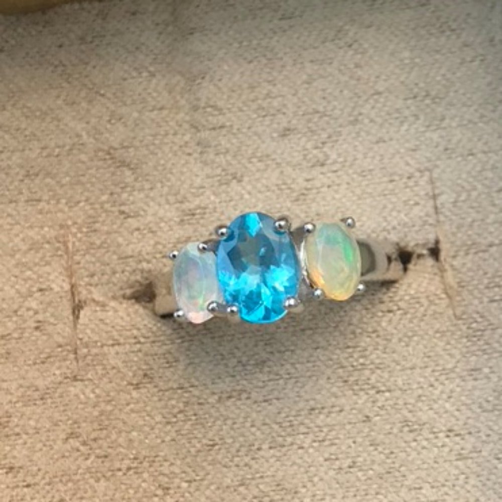 Blue topaz and Ethiopian opal ring Sz7